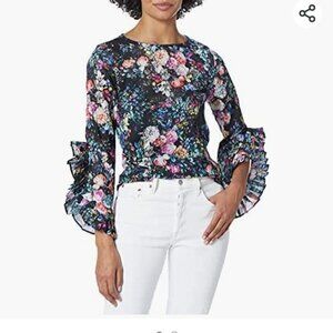 Nicole Miller New York Black Winter Floral Ruffled Sleeve Blouse Size L